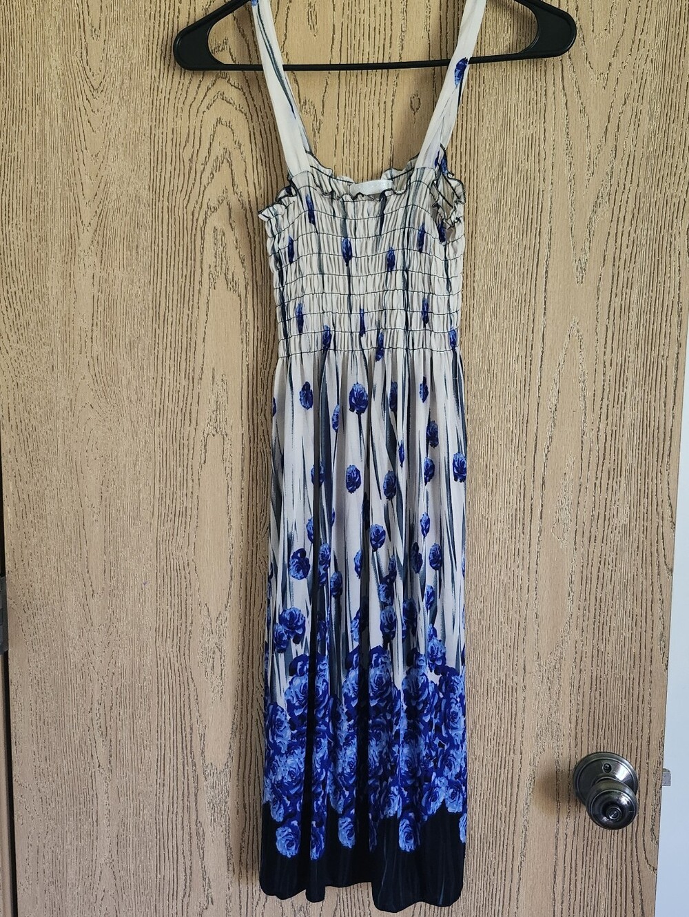 White and Blue Floral Maxi Dress - Sleeveless Smocked Bodice